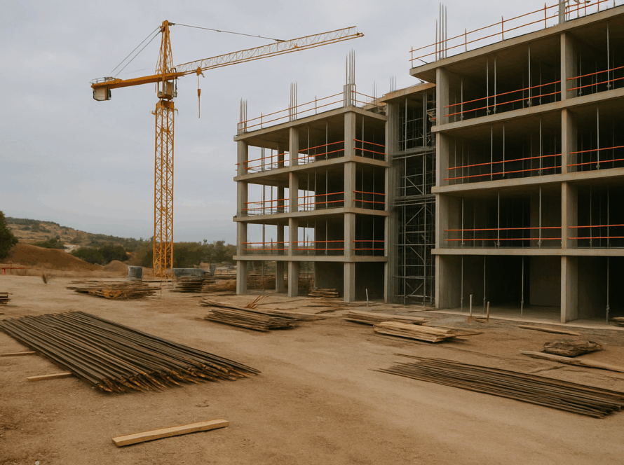 Vista de una obra en construcción con edificio en estructura de hormigón, materiales apilados y una grúa torre en segundo plano.