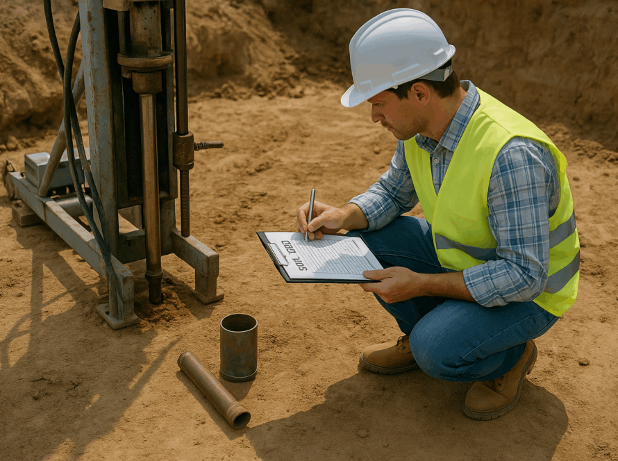 Ingeniero geotécnico tomando notas junto a una máquina perforadora durante un estudio de suelos en una zona de excavación.