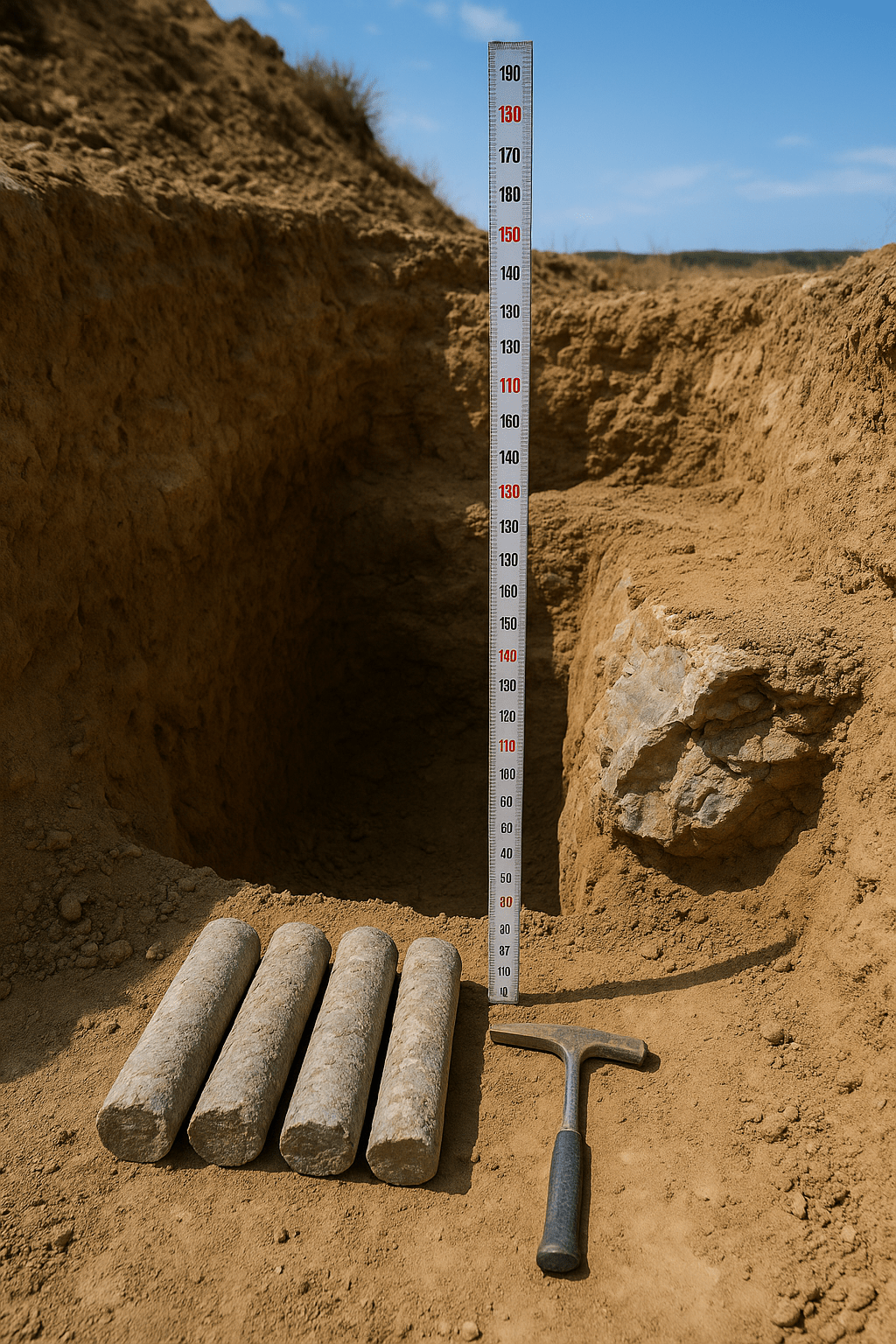 Calicata con testigos cilíndricos de suelo, herramienta manual y regla métrica sobre terreno seco con estratos visibles.