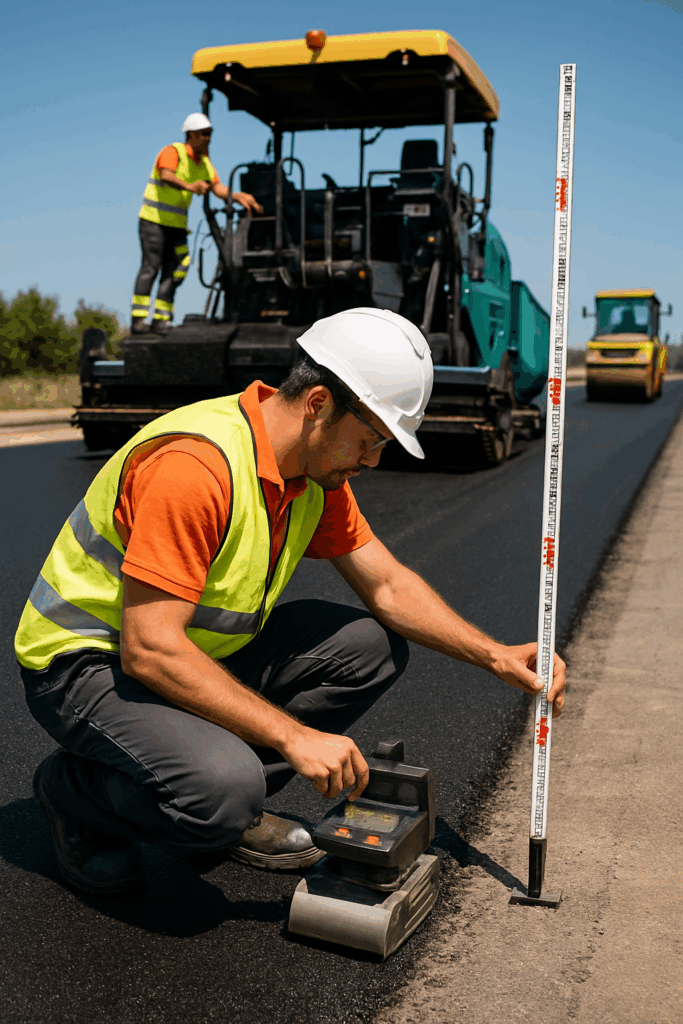 Técnico en obra midiendo la compactación del asfalto con equipo de control y regla, frente a maquinaria de pavimentación en operación.