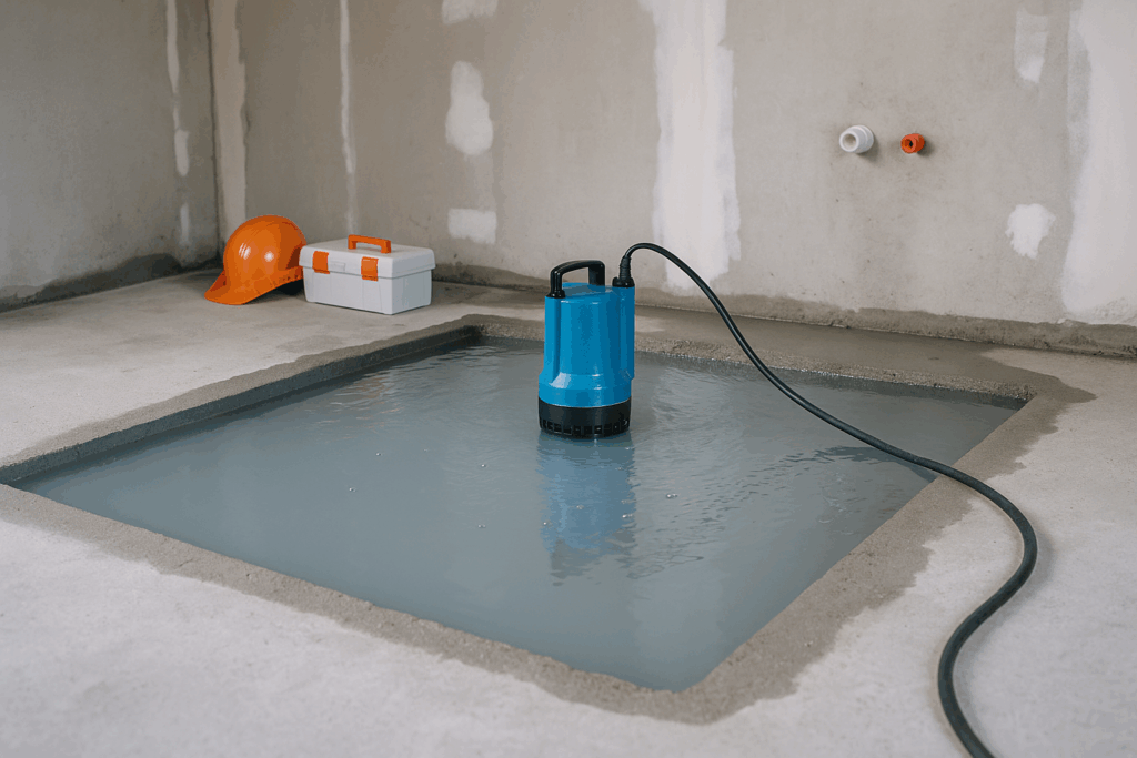 Zona en obra con agua acumulada para prueba de estanqueidad, bomba sumergible azul conectada y materiales de trabajo en el entorno.