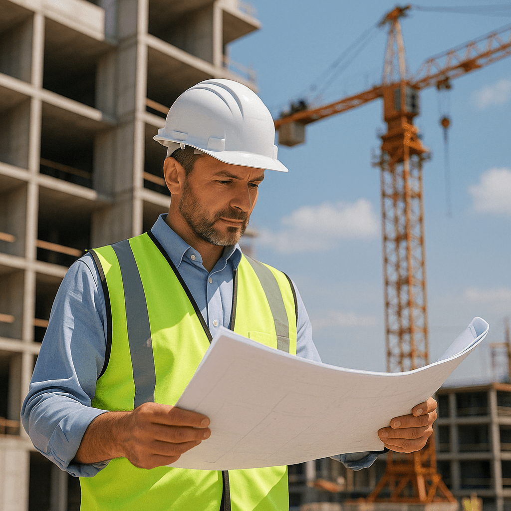 Hombre mirando unos planos de obra