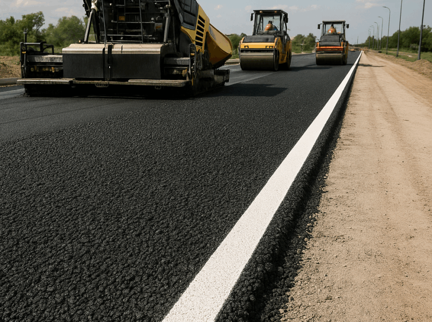 Maquinaria pesada extendiendo asfalto en una carretera nueva, representando tareas de control de calidad y supervisión técnica en obras viales.